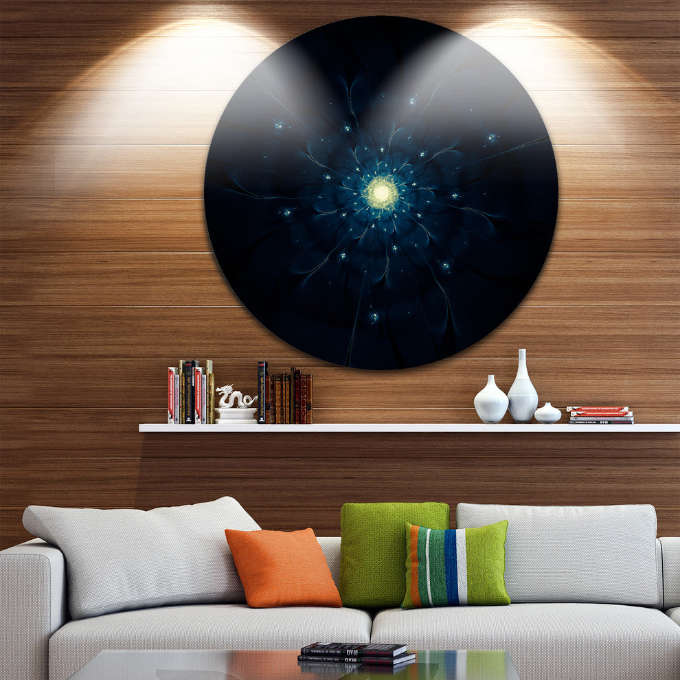 Glowing Fractal Flower Blue On Black, Floral Disc Metal Wall Art, 23"