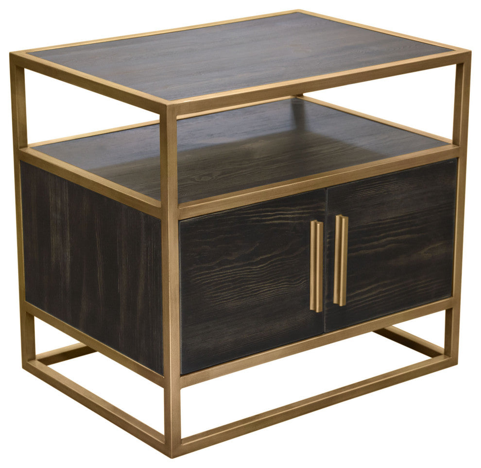 Empire 2-Door End Table, Dark Brown Veneer With Hand brushed Gold Metal Frame