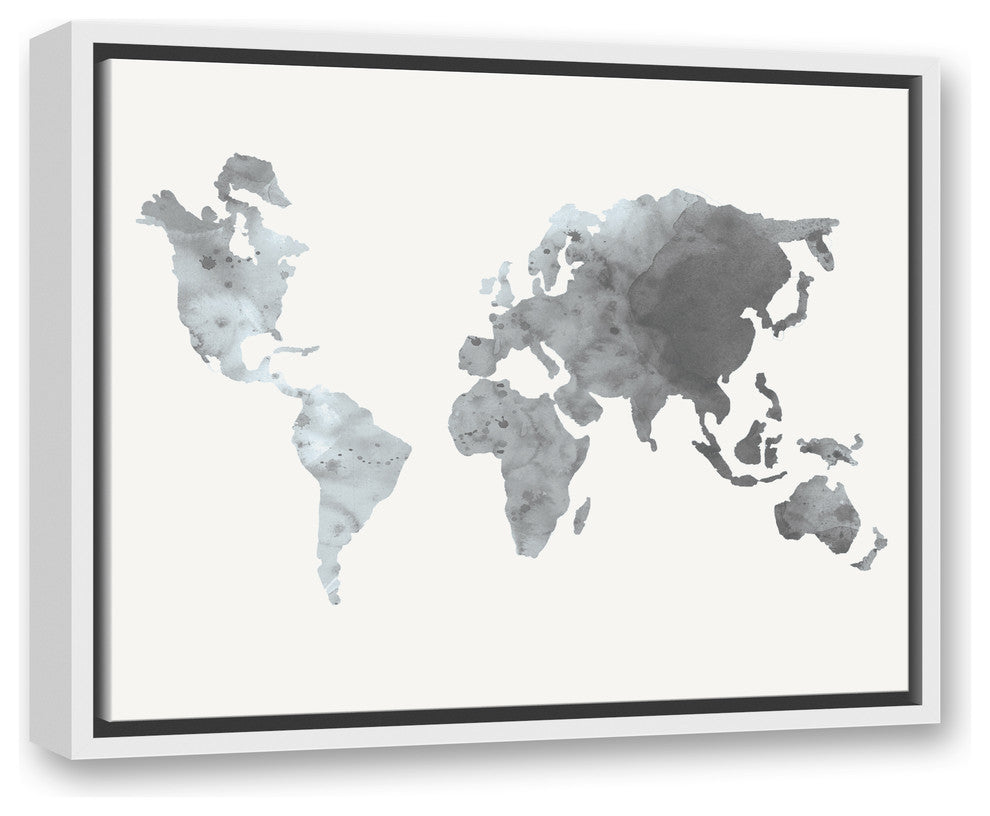 Gray World Map 16x20 White Floating Framed Canvas
