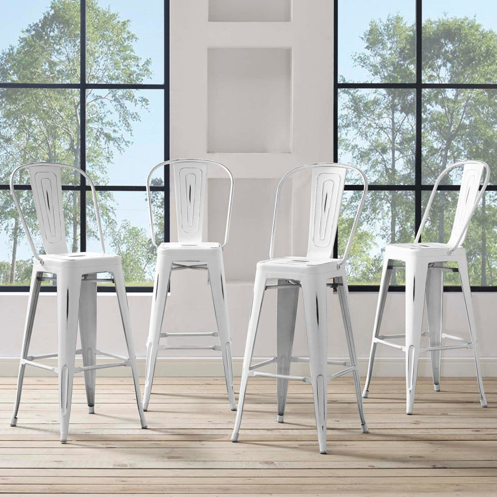 Bar Stool Chair Barstool, Set of 4, Metal, White, Bar Pub Cafe Bistro Restaurant