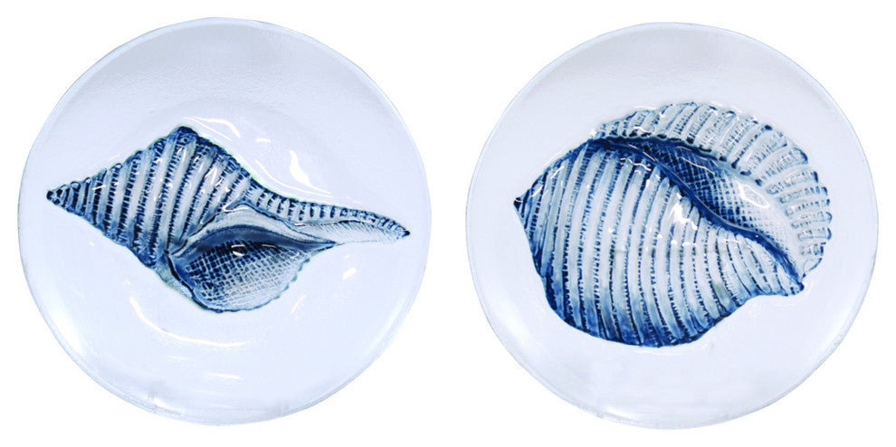 Sanibel Blue Shells on White 8 Inch Serving Dinner Glass Plates Set of 2