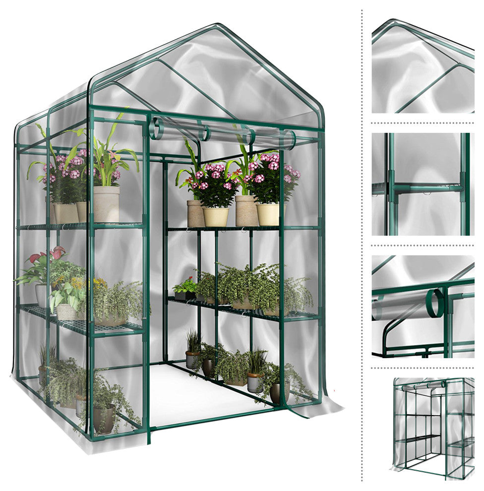 Walk-In Greenhouse Portable Green House With 8 Shelves and PVC Cover