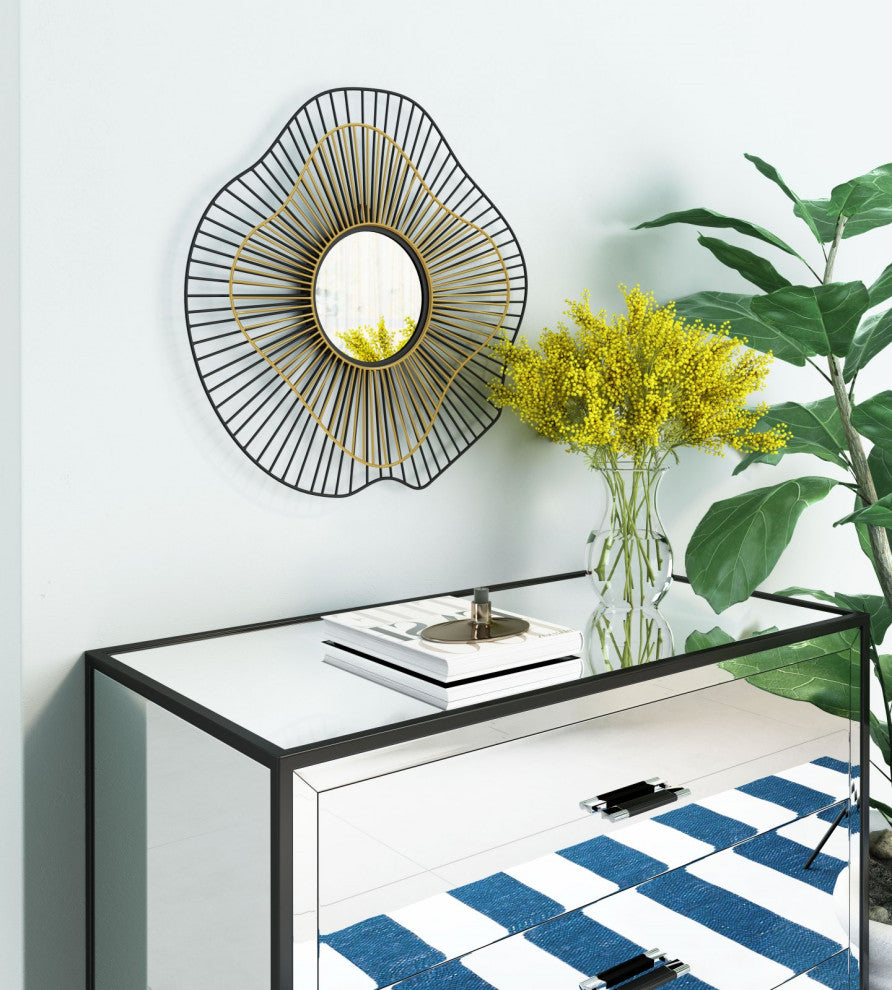 Frame Wall Mirror, Round, Aluminum, Metal, Black, Gold, Bedroom Living