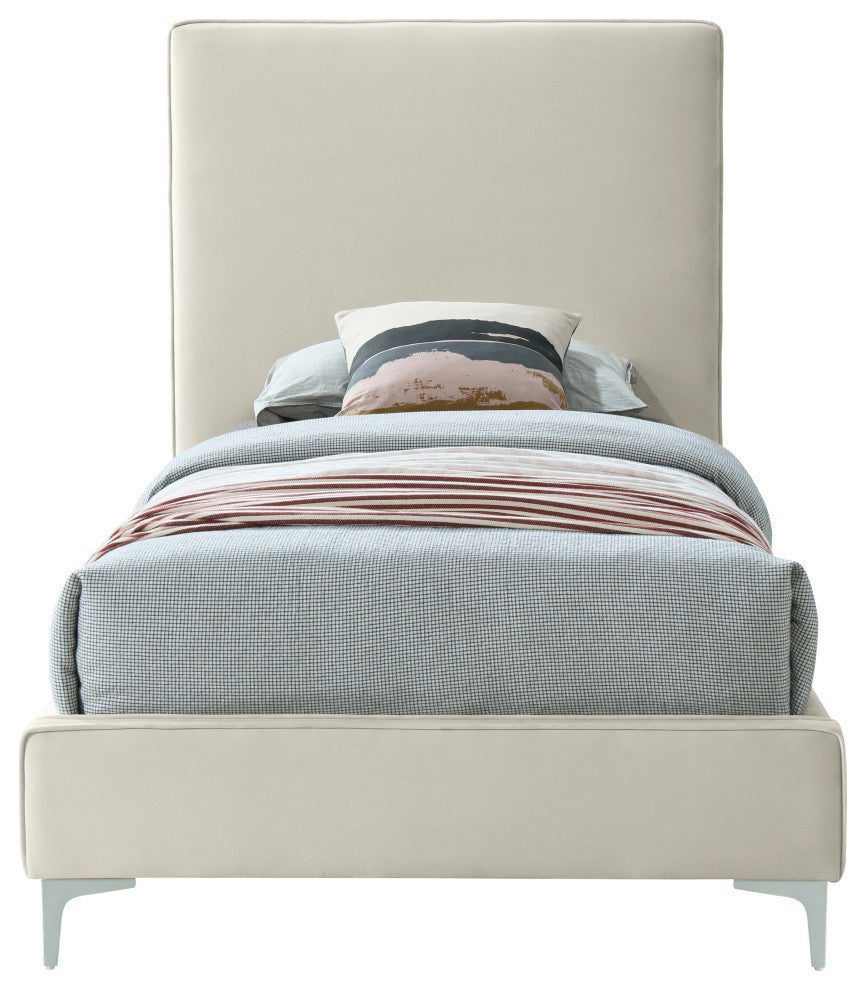 Geri Velvet Upholstered Bed, Cream, Twin