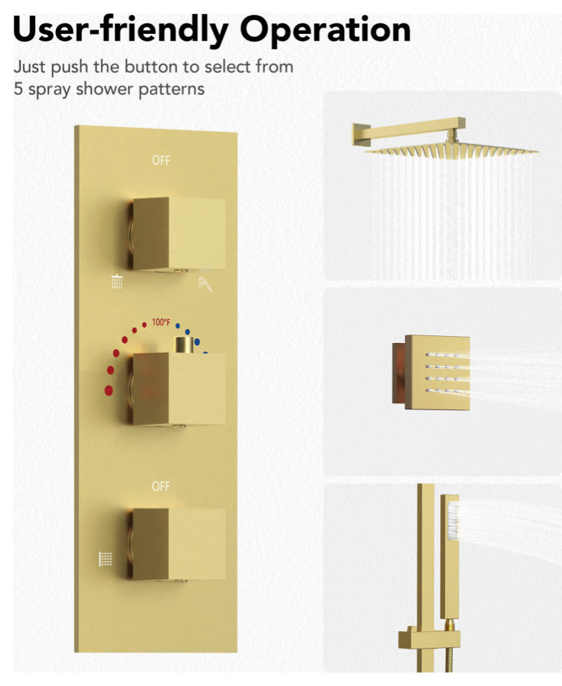 Thermostatic Shower Faucet 12" Rain Shower Head with Handheld Slide Bar System, Brushed Gold