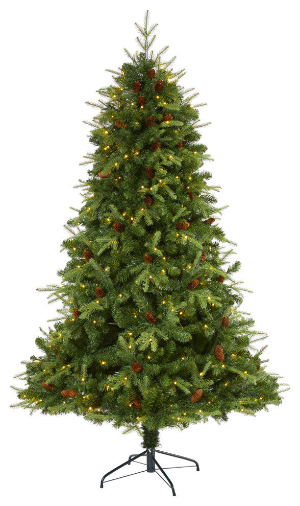7' Wellington Spruce Natural Look Faux Xmas Tree W/400 Clear Lights & Pine Cones