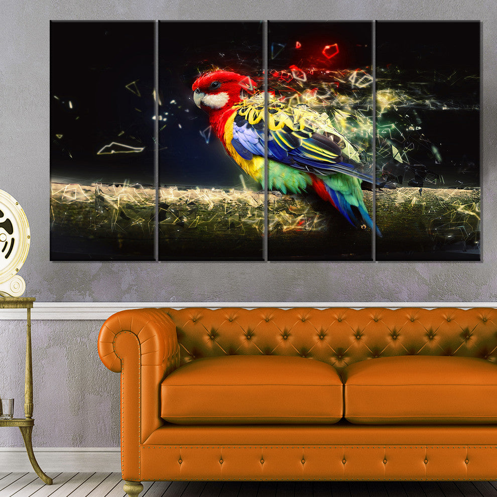 Colorful Parrot on Branch, Animal Canvas Wall Art, 48"x28", 4 Panels