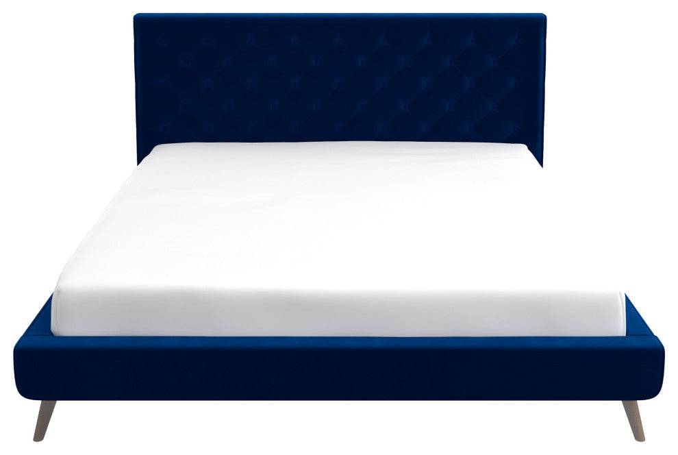 Ashley Midcentury Velvet Tufted Solid Wood Platform Bed, Blue, King