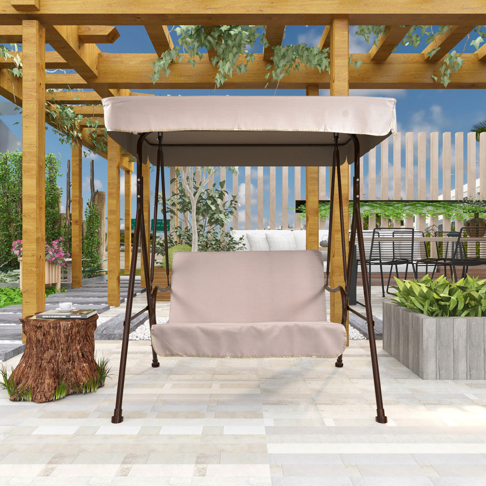 Outdoor Patio 2-Seat Porch Swing Chair With Cushion and Adjustable Canopy, Beige