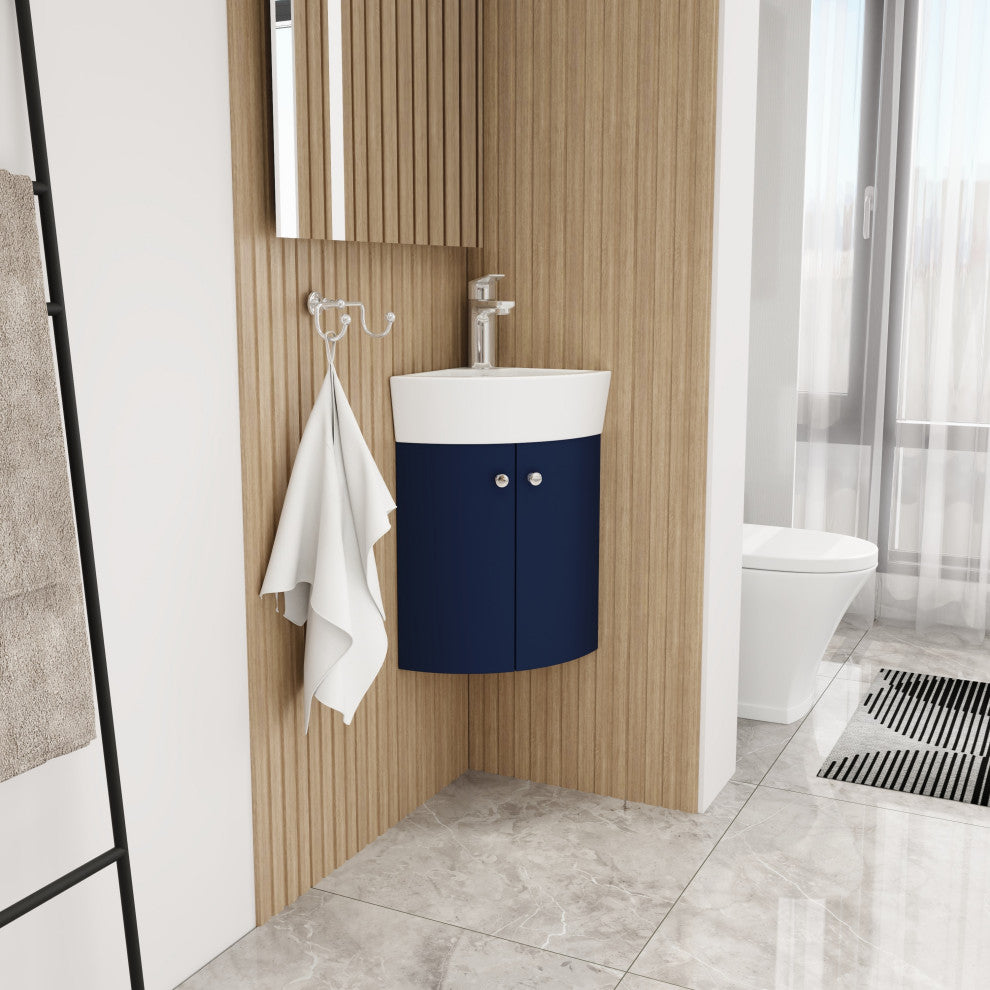 BNK Compact Double-Door Corner Bathroom Cabinet with Ceramic Basin