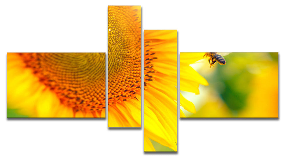 Beautiful Sunflowers Blooming, Large Animal Canvas Art Print, 60"x32", 4 panels