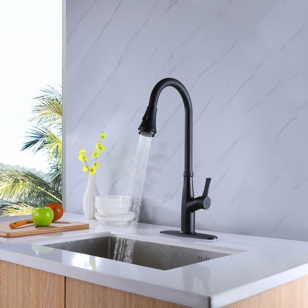 Pull Out Single Handle Two Function Deck Mounted Kitchen Faucet, Matte Black