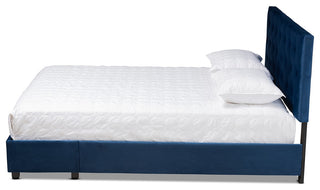 Navy Blue Velvet Fabric Upholstered 2-Drawer Queen Size Platform Storage Bed