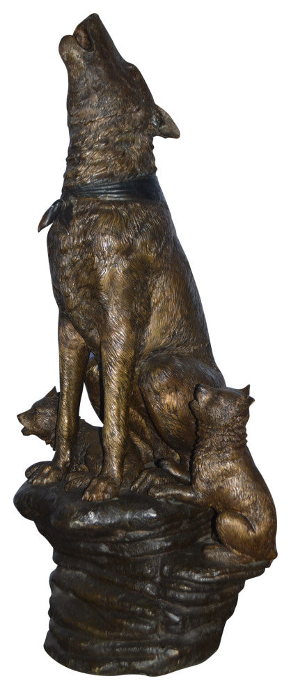 Wolf and her Cubs howling Bronze Statue - Size: 23"L x 20"W x 48"H.