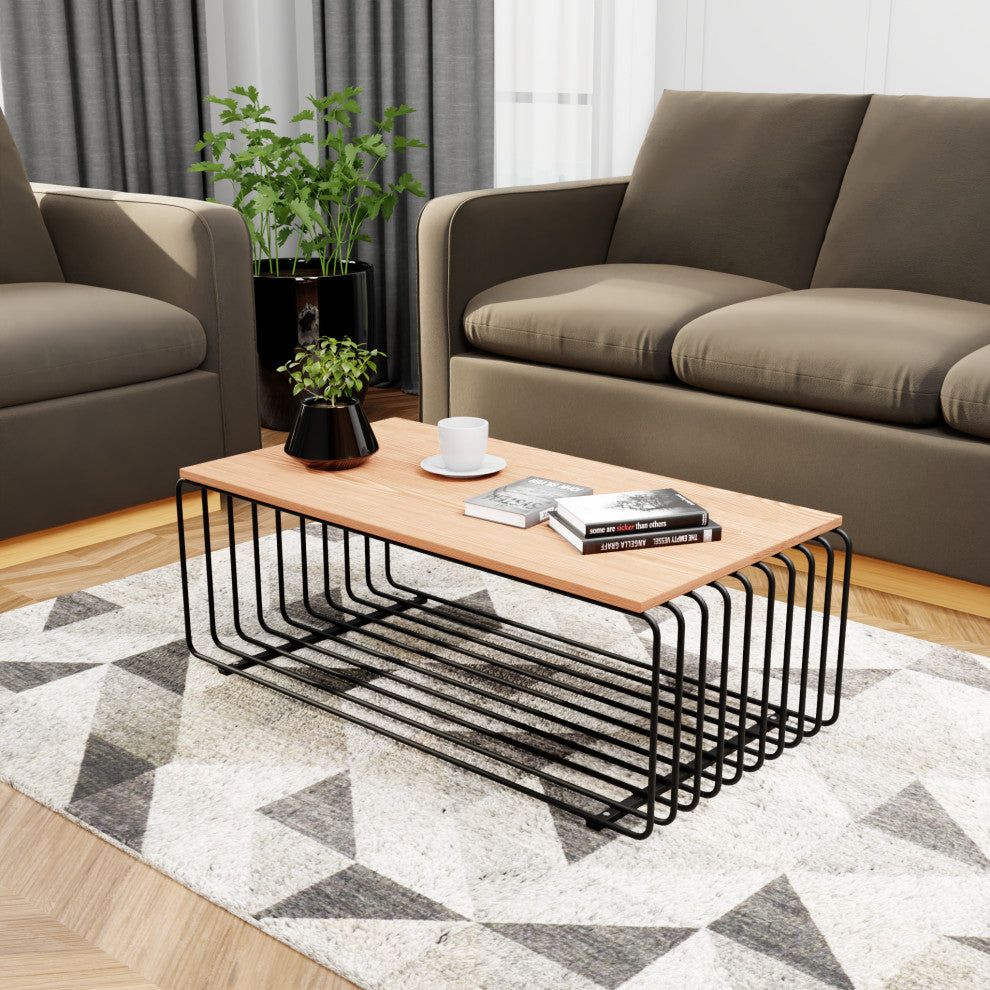 LeisureMod Walden Rectangular Coffee Table Powder Coated Steel Frame, Black