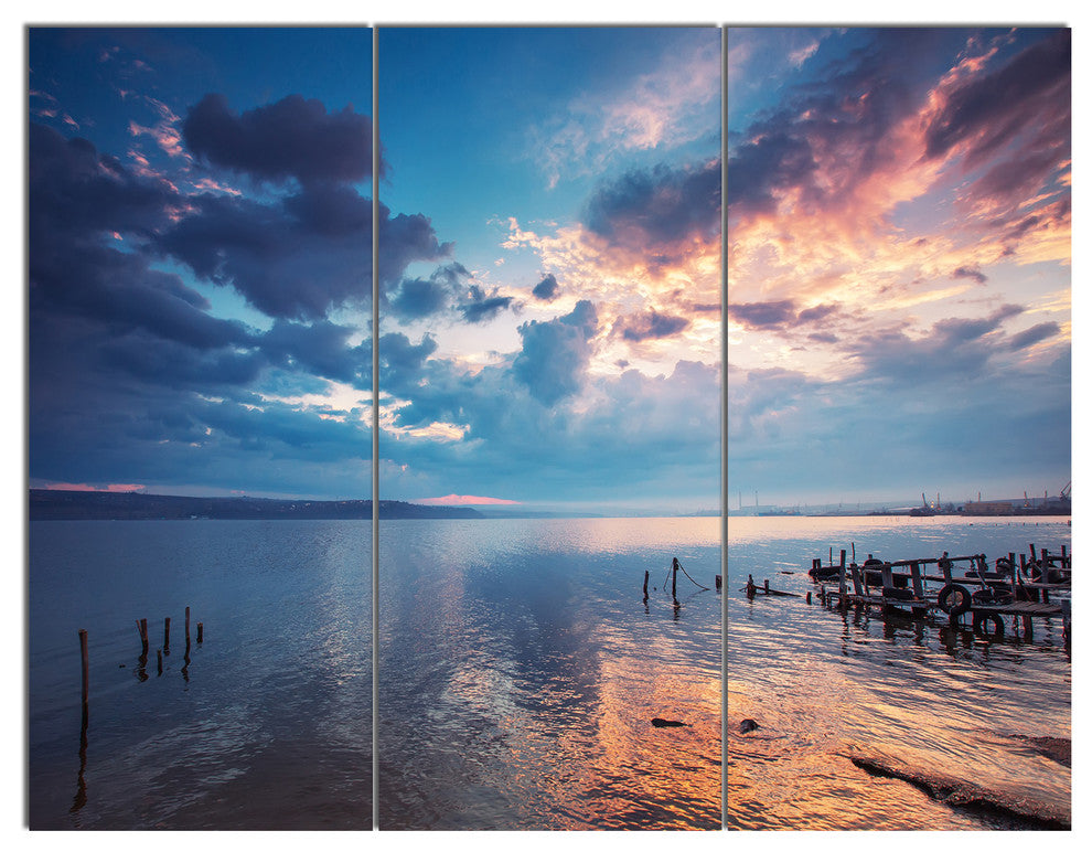 Dramatic Sky Over Sunset Lake, Landscape Triptych Canvas Art, 36x28, 3 Panels