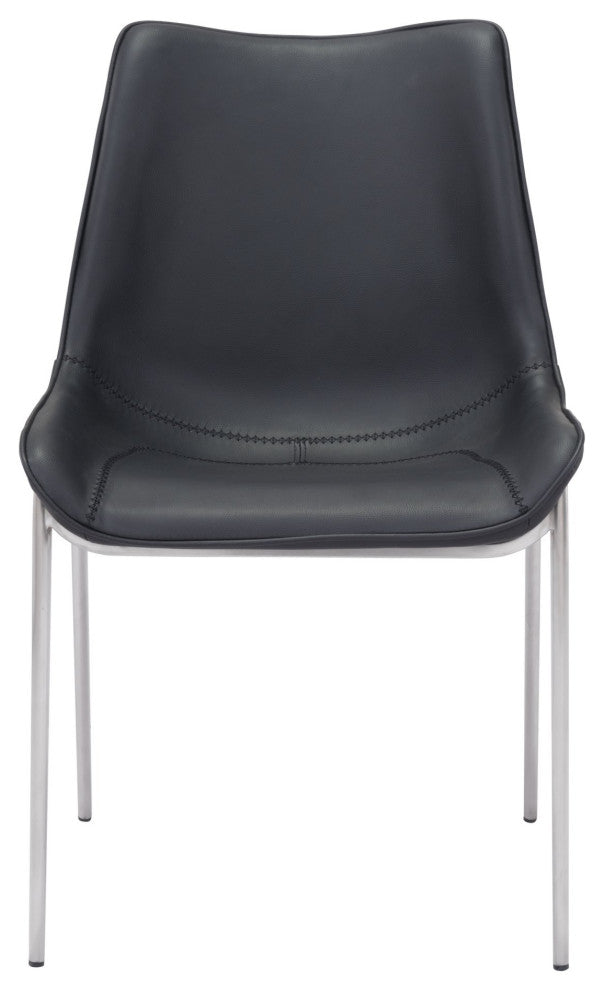 Dining Chair, Set of 2, Faux Vinyl Leather, Steel, Black, Silver, Cafe Bistro