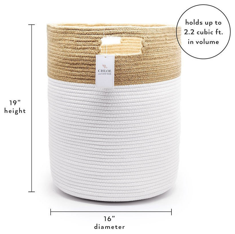 19" White and Natural Jute Woven Rope Basket