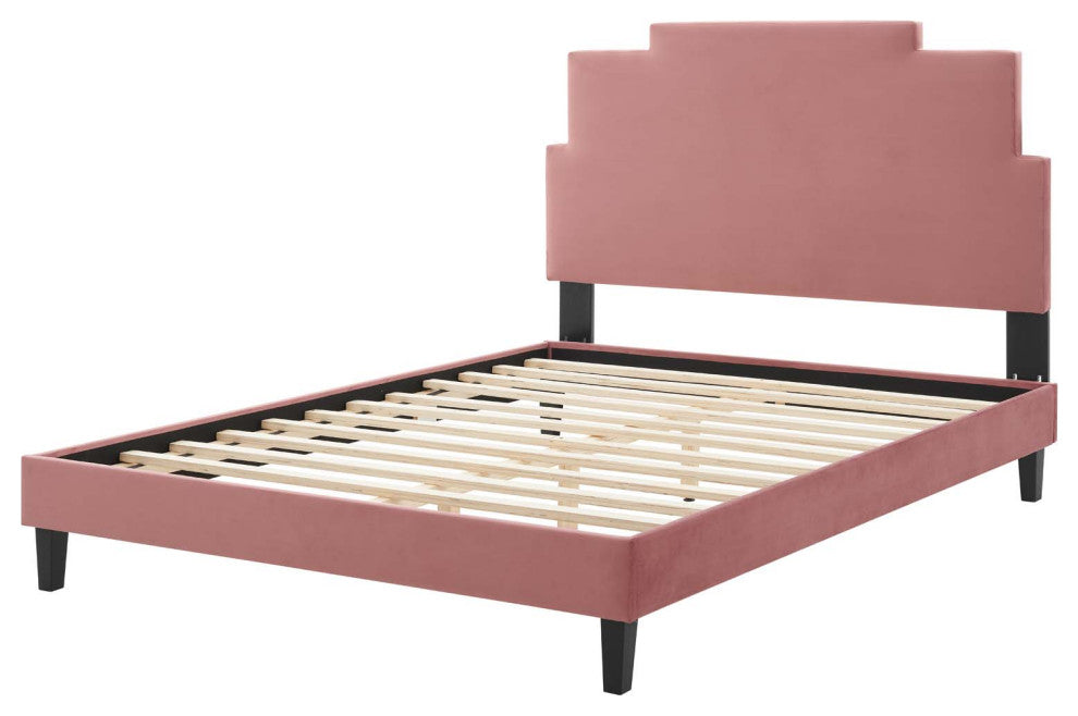 Platform Bed Frame, King Size, Velvet, Pink, Modern Contemporary, Bedroom Master