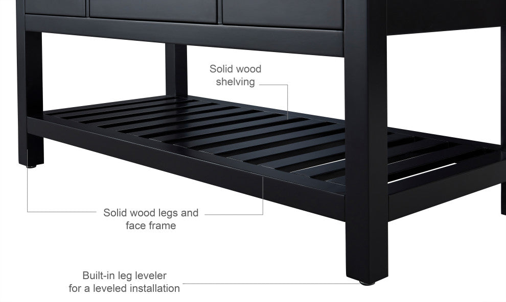 Arcadia Bath Vanity, Black Onyx, 48", Gold Hardware, Single, Freestanding