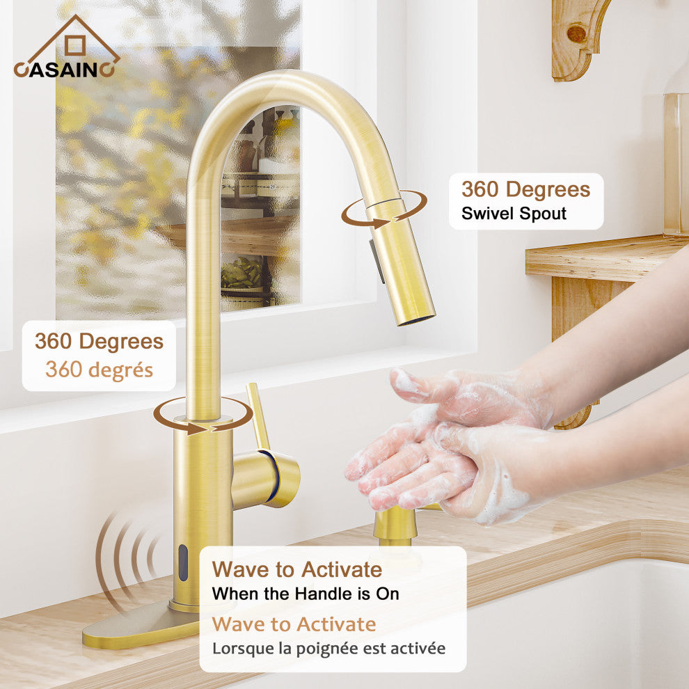 Touchless Pull Down Single Handle Kitchen Faucet With LED Function, Brushed Gold