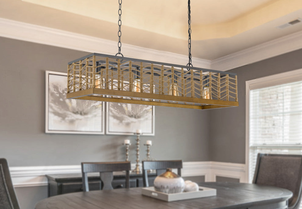 Winfall Metal and Birchwood Ceiling Light With Rope Shade, Fx-3811-4