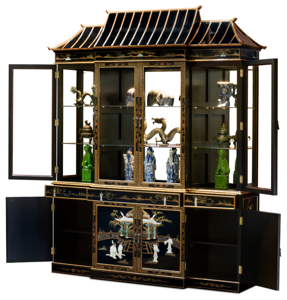 Black Lacquer Mother of Pearl Pagoda China Cabinet - FREE Inside Delivery