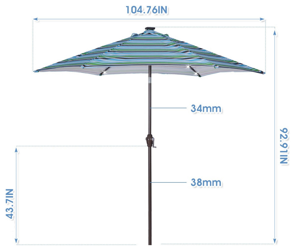 9' Outdoor Patio Steel Market Umbrella With 24 LED Lights, Blue Striped