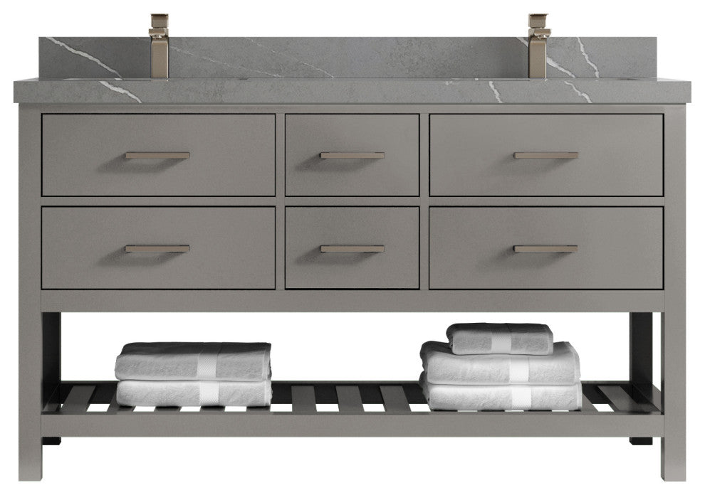 Parker 60 Double Sink Bathroom Vanity in Elephant Skin Gray  2" Piatra Gray