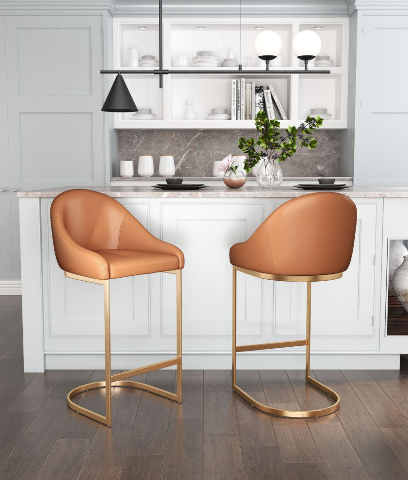 Counter Stool Chair, Faux Vinyl Leather, Steel, Tan, Gold, Kitchen Cafe Bistro