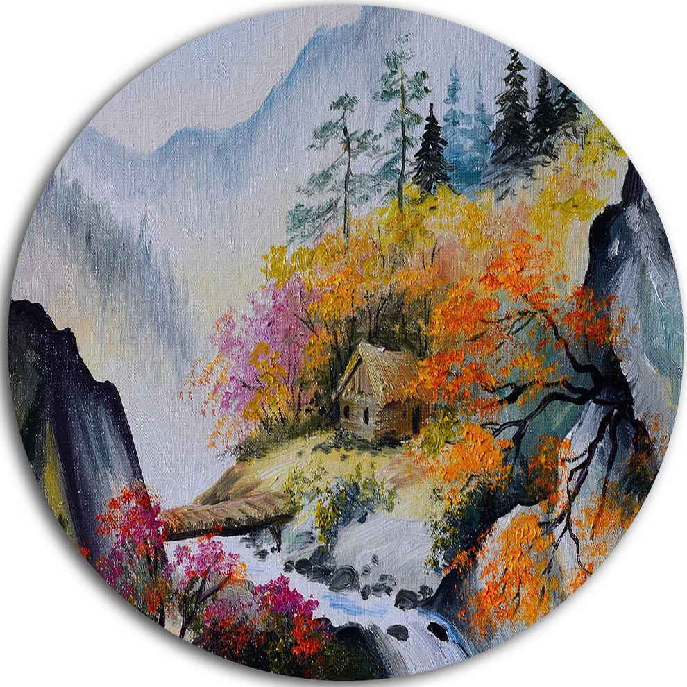 House In The Mountains, Landscape Round Metal Wall Art, 11"