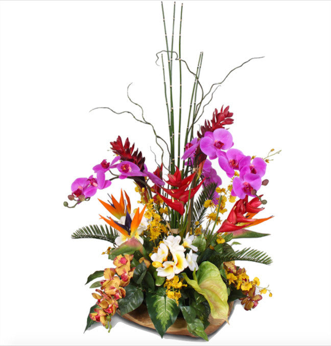 Exotic Tropical Silk Flower Arrangement in Teakwood Bowl
