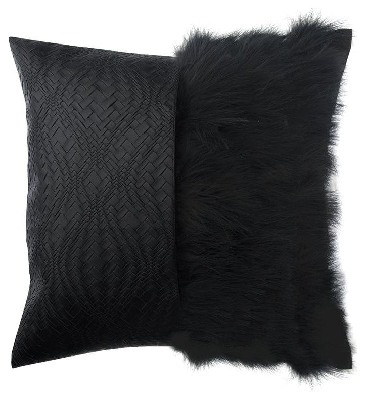 Black 16"x16" Pillow Cover Faux Leather Fur Textured Patchwork - Furry World