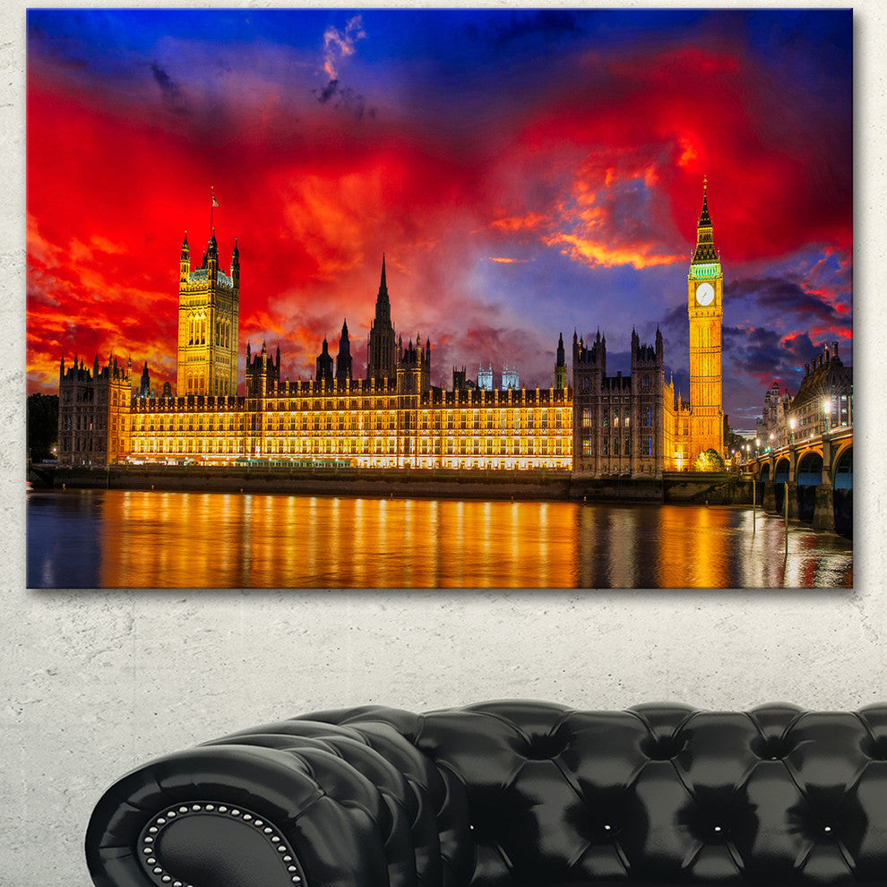 House of Parliament at River Thames, Cityscape Canvas Art Print, 60"x28"