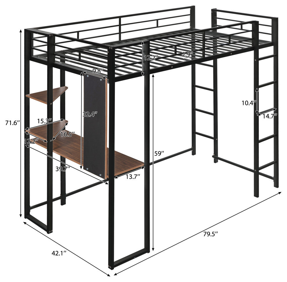 Gewnee Twin Metal Loft Bed with 2 Shelves and one Desk