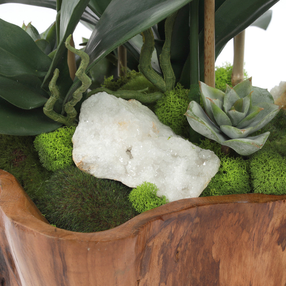 White Real Touch Phalaenopsis Orchids in Rustic Teak Bowl