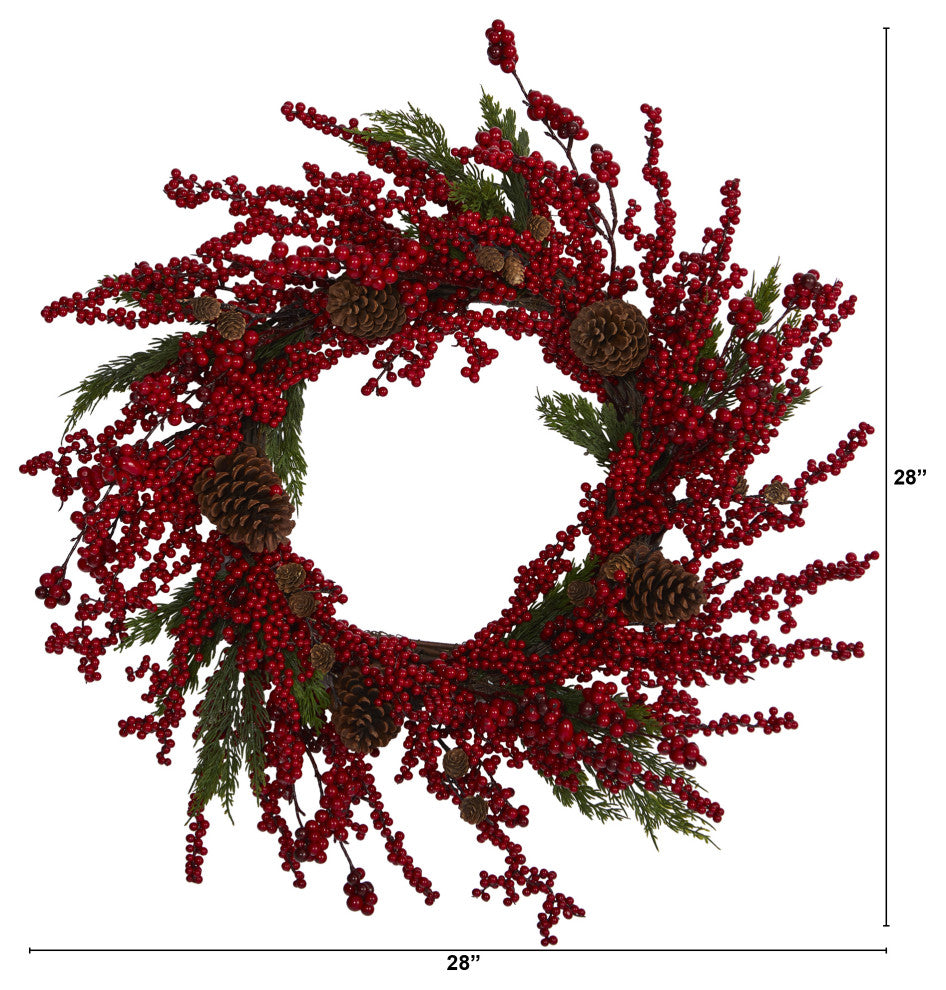 Nearly Natural 28ï¿½ Cypress Artificial Wreath with Berries and Pine Cones