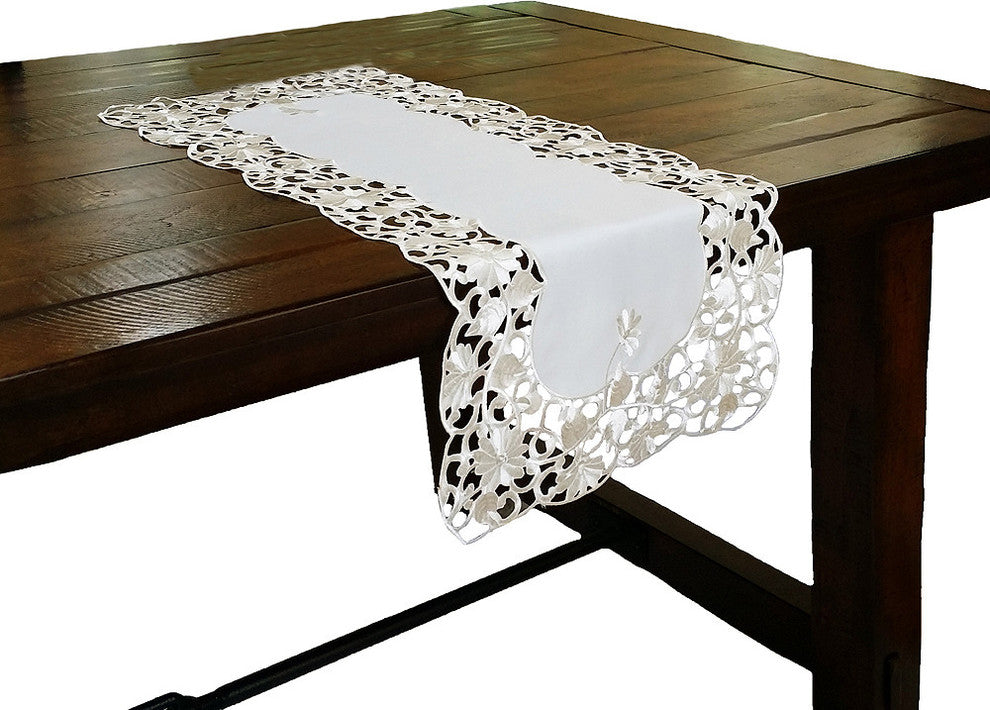 Daisy Lace Embroidered Cutwork Table Runner, 16x34