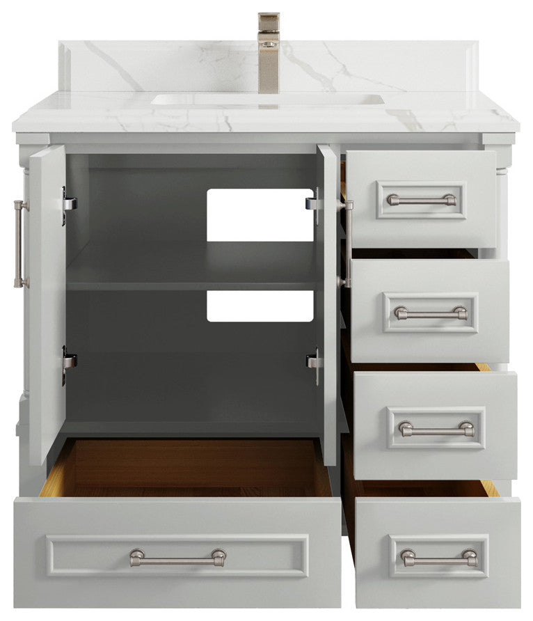 Aberdeen 36 Center Sink Bath Vanity in Coventry Gray 1.5" Calacatta Laza