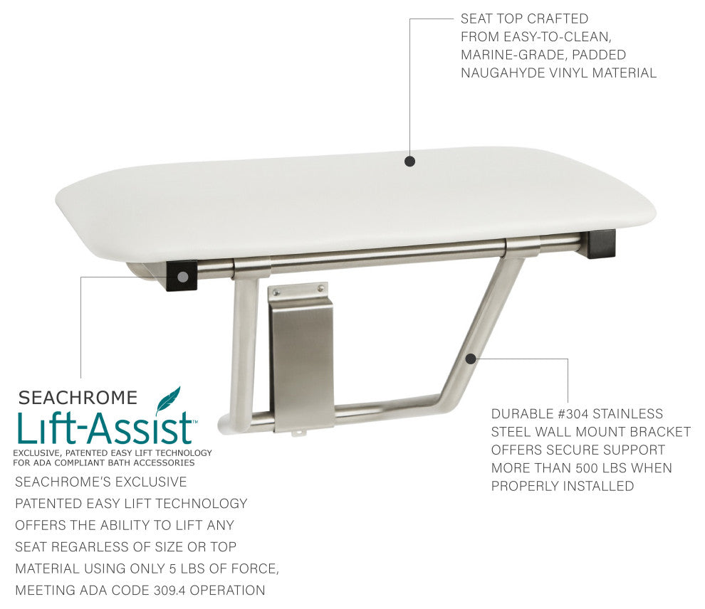 Padded Folding Wall Mount Shower Seat Bench, White, 18