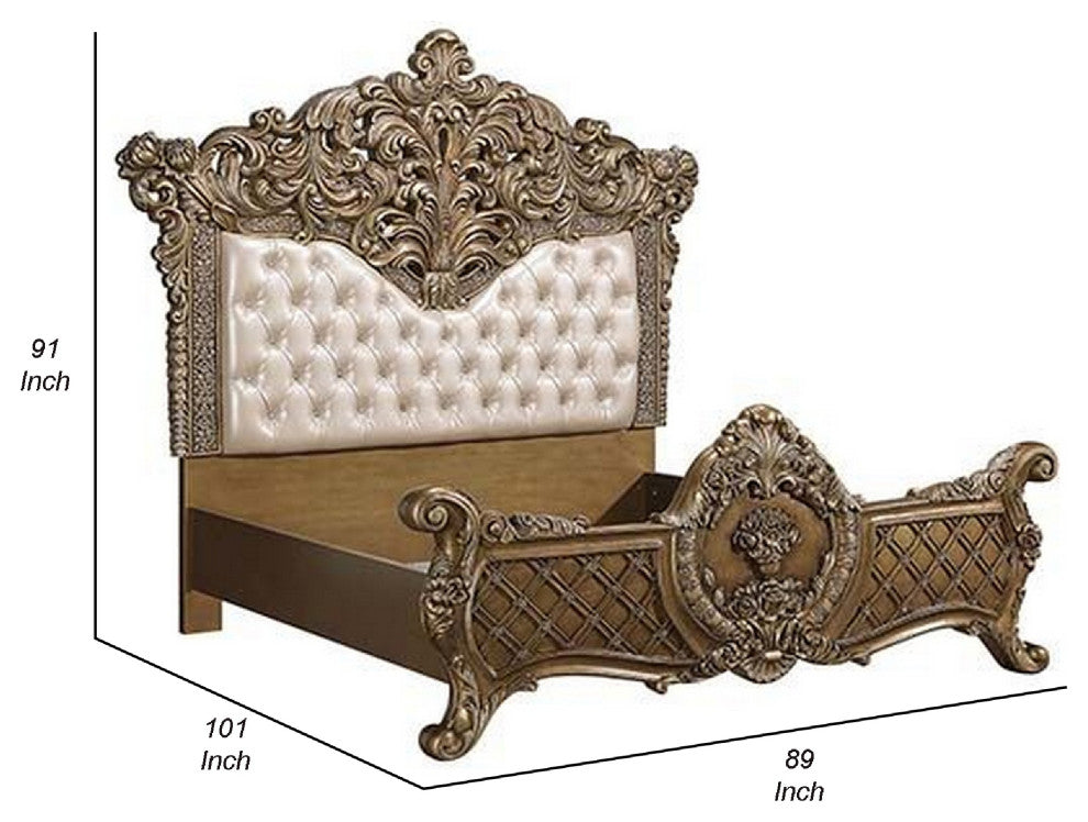 Benzara BM269548 Eastern King Bed, Intricately Carving/Tufting, Gold/Brown