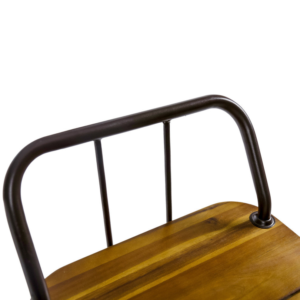 GDF Studio Outdoor Teak Finish Acacia Wood Barstools With Iron Frame, Set of 2