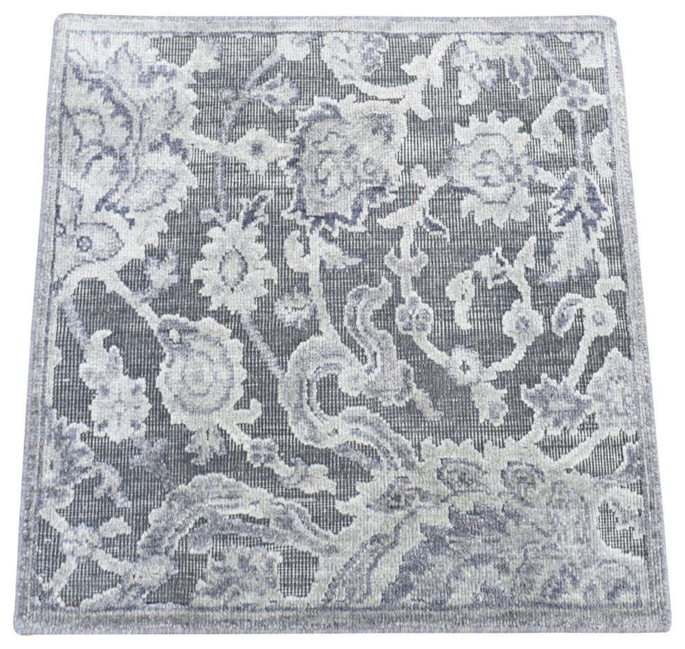 Gray Silk With Textured Wool Hand Knotted Oushak Influence Mat Rug, 2'x2'1"