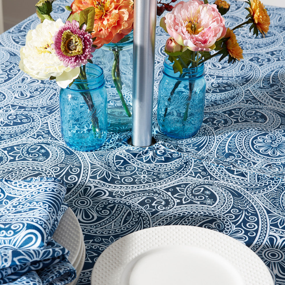 Blue Paisley Print Outdoor Tablecloth With Zipper 60X120