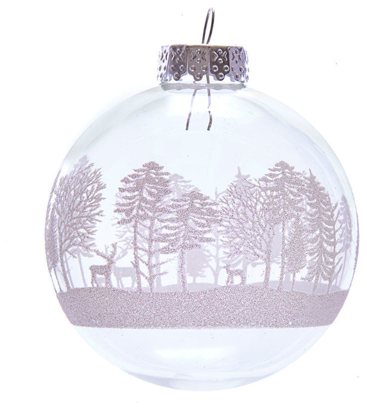 80mm Clear With White Tree Design Glass Ball Ornaments, 6 Piece Box