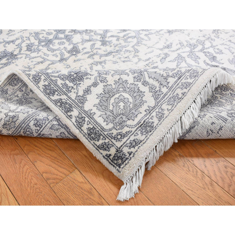 Ivory, Erased Persian Design, Plant Base Silk, Hand Knotted Rug, 5'2"x7'