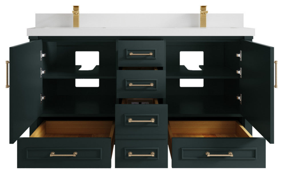 Aberdeen 60 Double Bathroom Vanity in Dark Forest Green 2" White Quartz