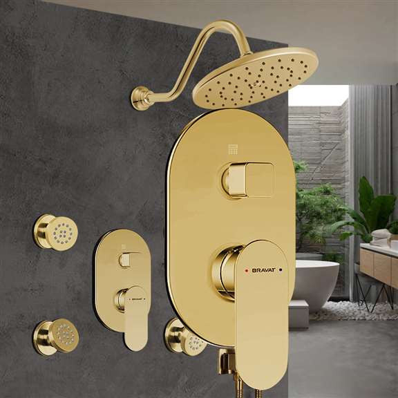 Bravat Brushed Gold Wall Mounted Shower Set, Valve Thermostatic Mixer 3-Way