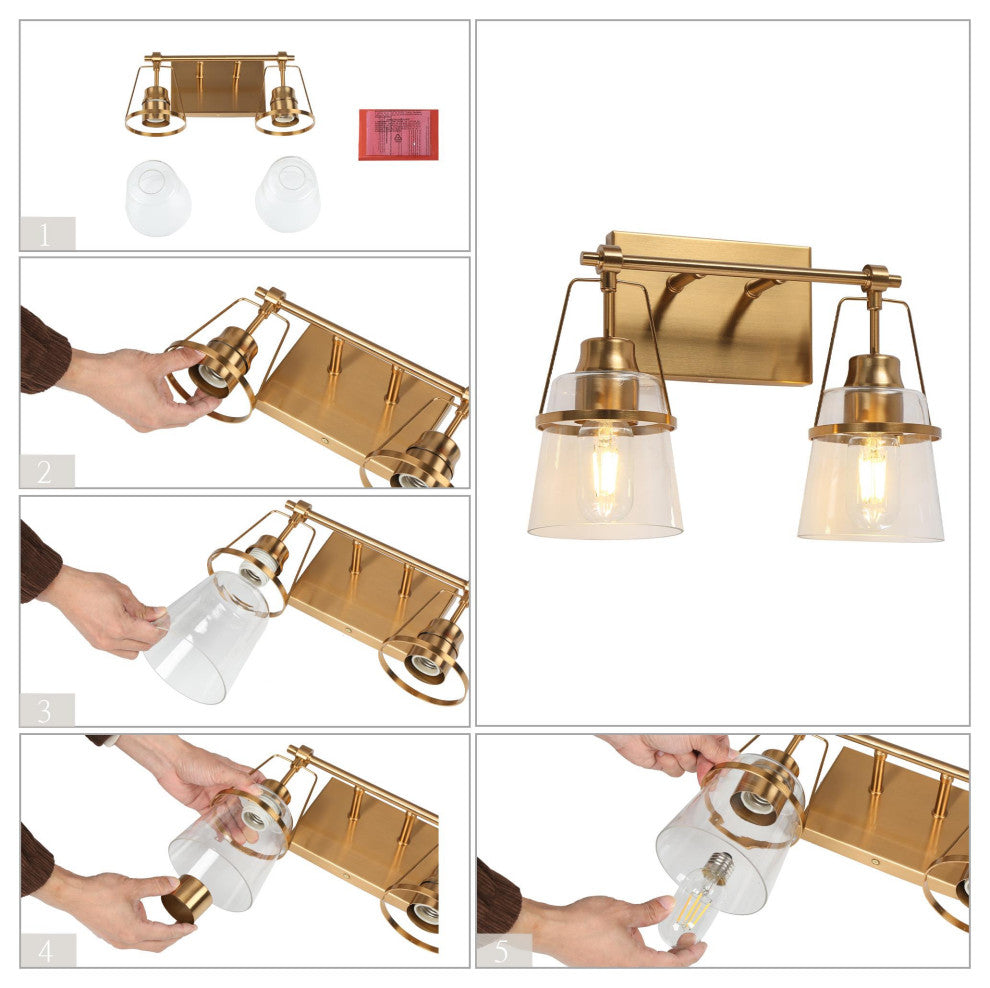 LNC Polished Gold Modern Glass Bell Wall Sconce, 2 Lights