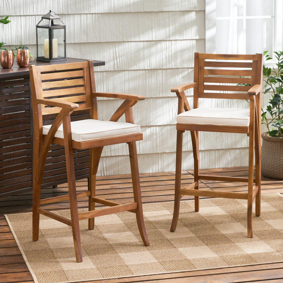 GDF Studio Anguilla Teak Finish Acacia Wood Outdoor Barstools, Set of 2